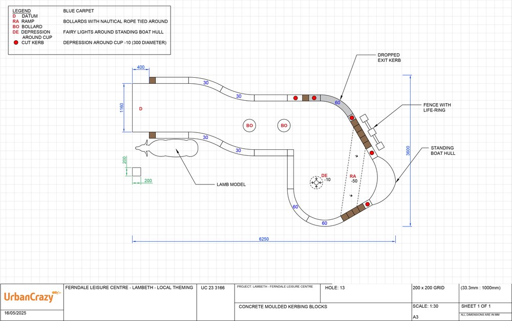 Construction drawing of hole 13, noting blue carpet, bollards with nautical rope, fairy lights around the boat hull and the lamb model