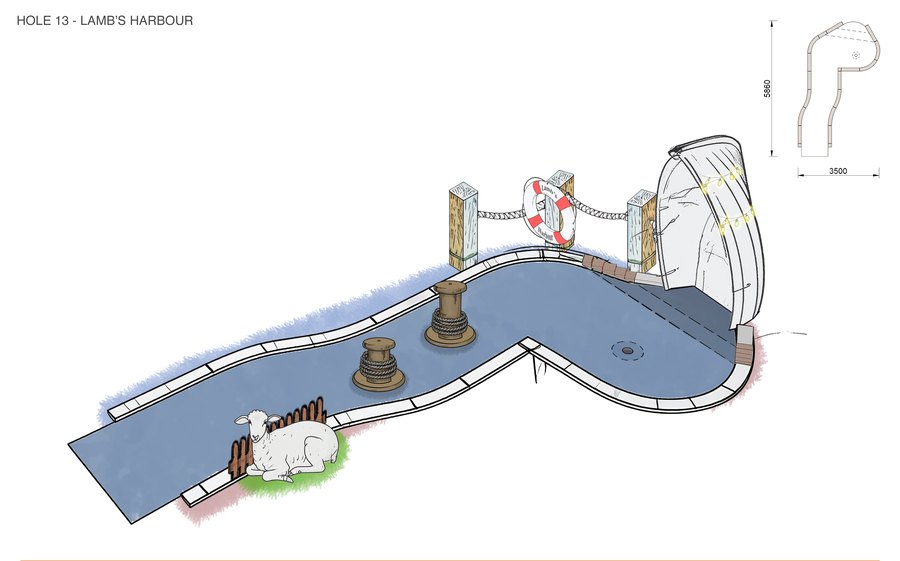 Sketch of hole 13, Lamb’s Harbour, with rope bollards, a life ring on a fence, a standing boat hull strung with lights and a lamb