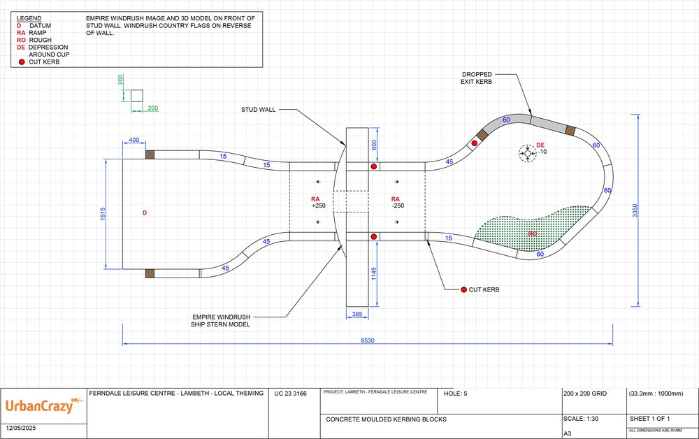 Construction drawing of hole 5, showing the stud wall, the Empire Windrush ship stern model and ramps at plus and minus 250 either side
