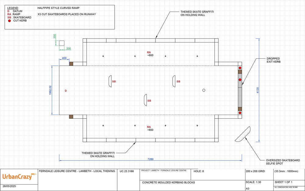Construction drawing of hole 6, a halfpipe style curved ramp at plus 800 with three cut skateboards placed on the runway