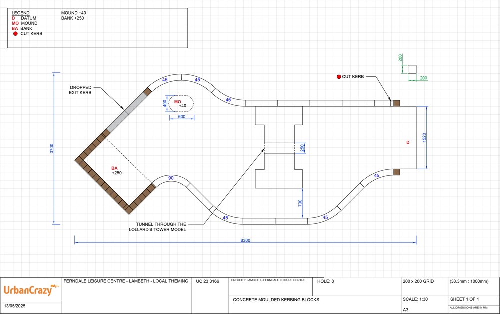 Construction drawing of hole 8, showing the tunnel through the Lollard’s Tower model, a bank at plus 250 and a mound around the cup