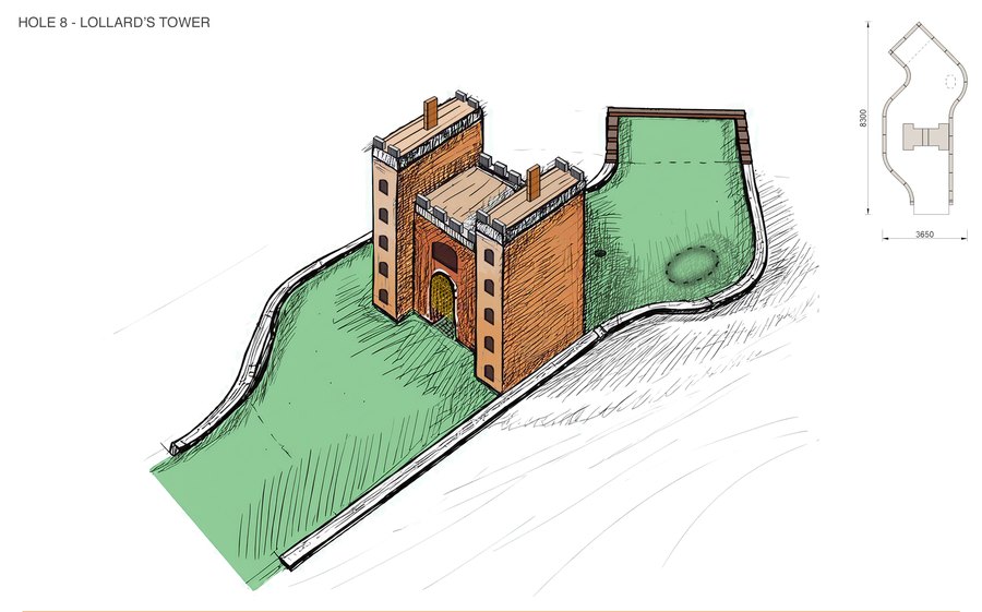 Sketch of hole 8, Lollard’s Tower, a brick gatehouse with battlements and an archway to putt through
