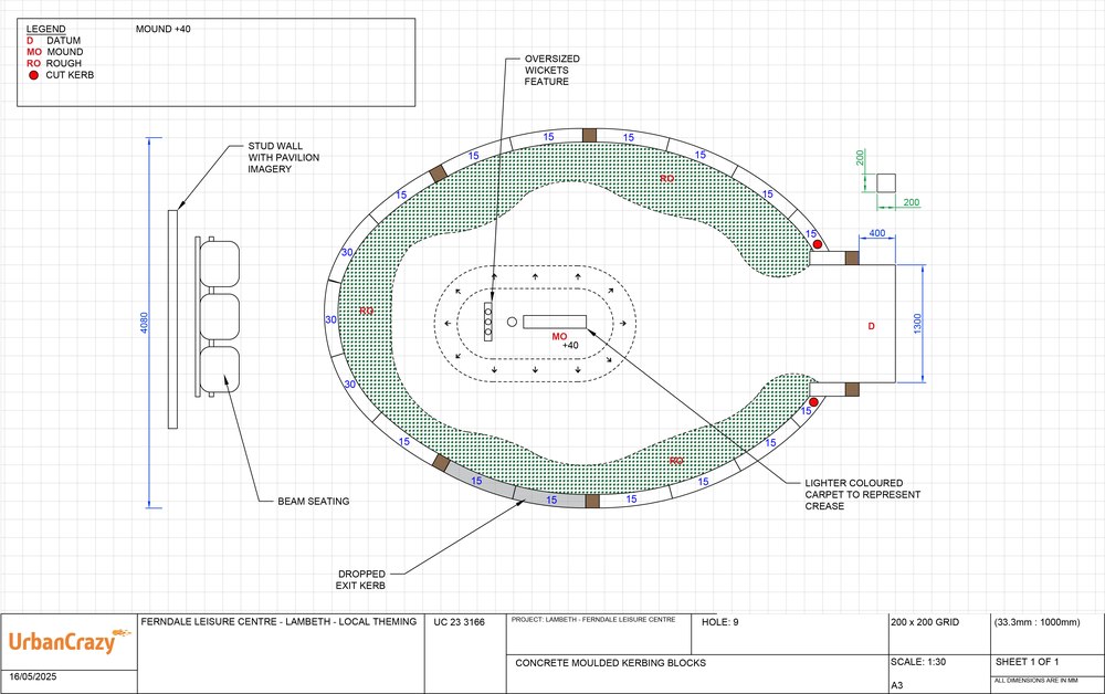 Construction drawing of hole 9, with an oversized wickets feature on a mound, beam seating and lighter carpet marking the crease