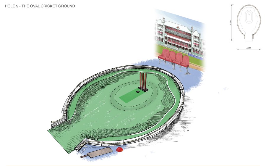 Sketch of hole 9, The Oval cricket ground, an oval green with wickets at the centre, a bat and ball, and the pavilion behind