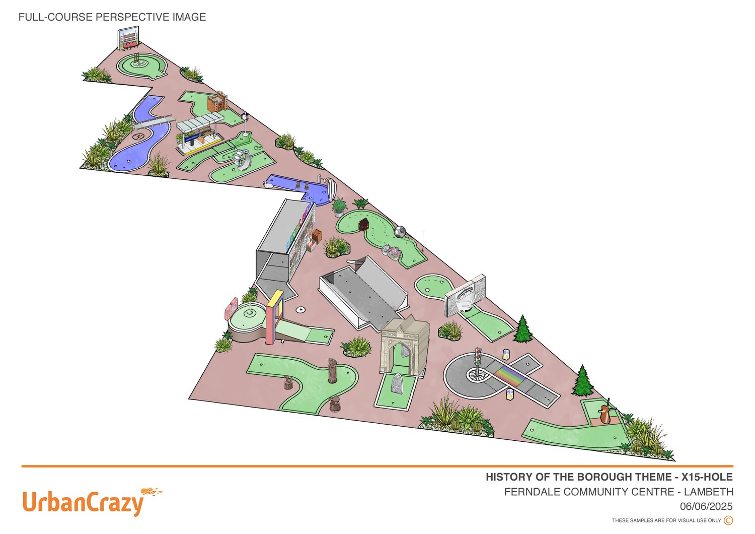 Full course perspective drawing for the fifteen hole History of the Borough course at Ferndale Community Centre, Lambeth, showing every hole laid out across a triangular site
