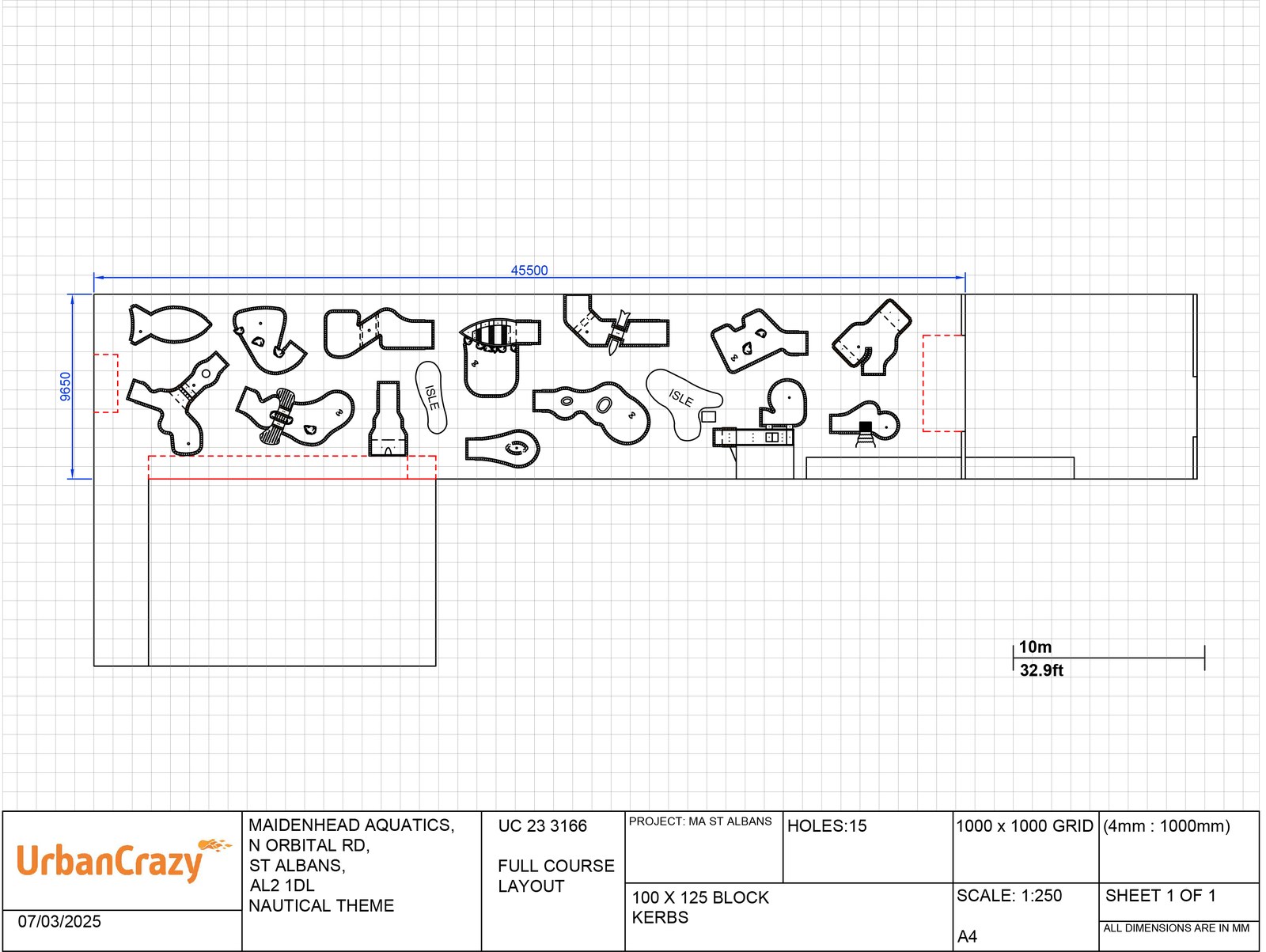 Full course layout drawing for Maidenhead Aquatics St Albans, showing all fifteen holes fitted into a 45 metre by 9.65 metre site