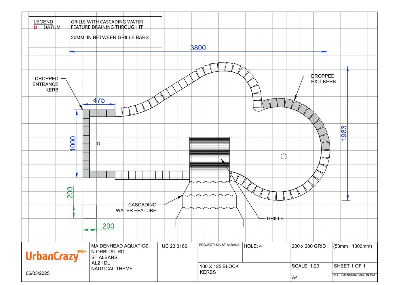 Scale construction drawing for hole 4, showing kerb layout, dropped entrance and exit kerbs, datum levels and a cascading water feature draining through a grille