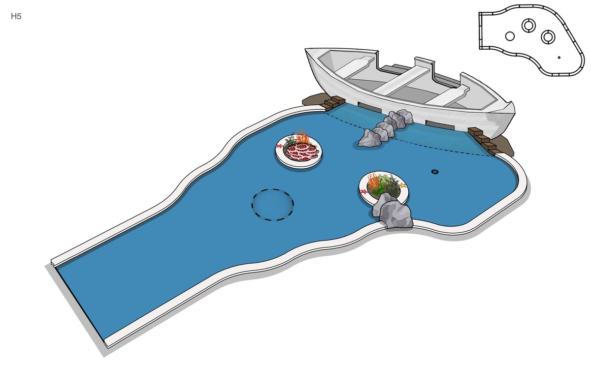 Perspective sketch of hole 5, a rowing boat beached across a blue water hazard with rocks and coral obstacles