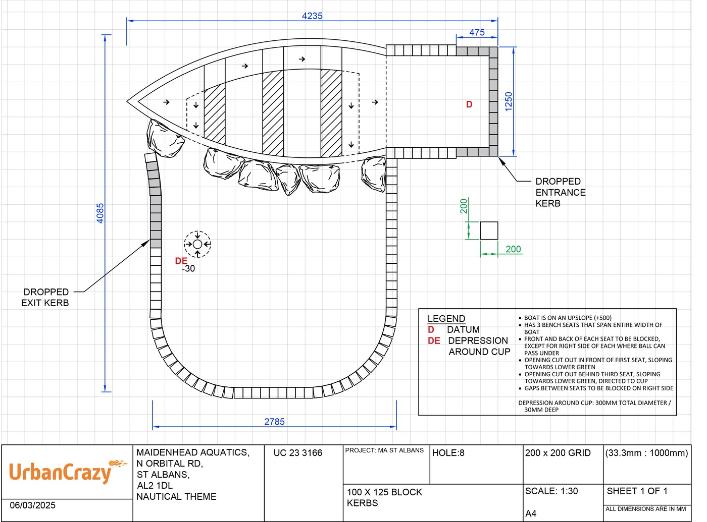 Scale construction drawing for hole 8, the rowing boat, showing the boat on an upslope with three bench seats and notes on which gaps the ball can pass under