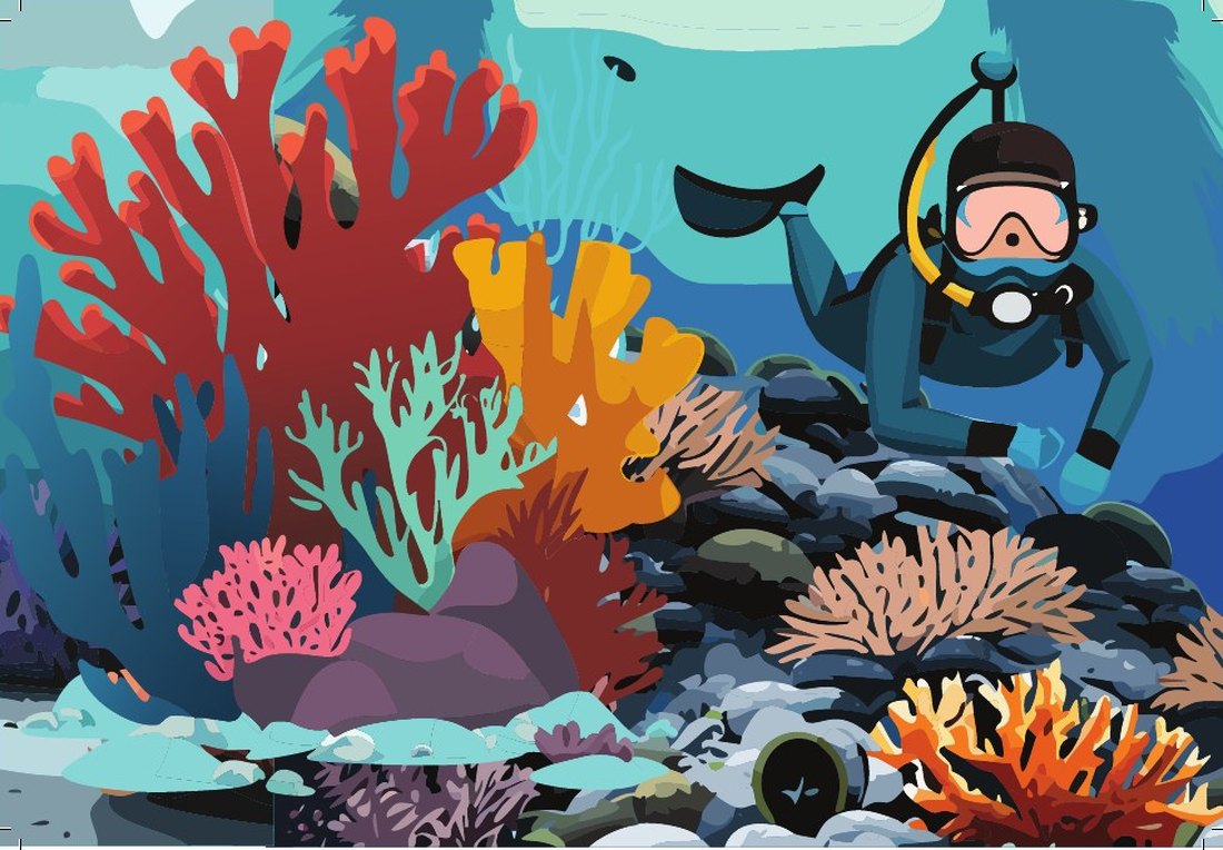 Mural panel showing a scuba diver swimming over red and orange coral
