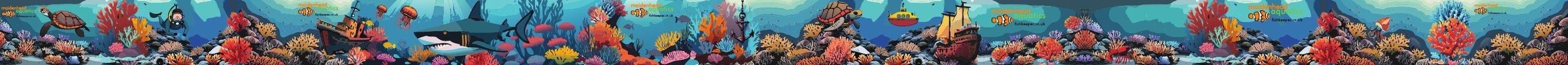 The full reef mural for Maidenhead Aquatics St Albans, drawn as one continuous underwater scene running nearly thirty metres