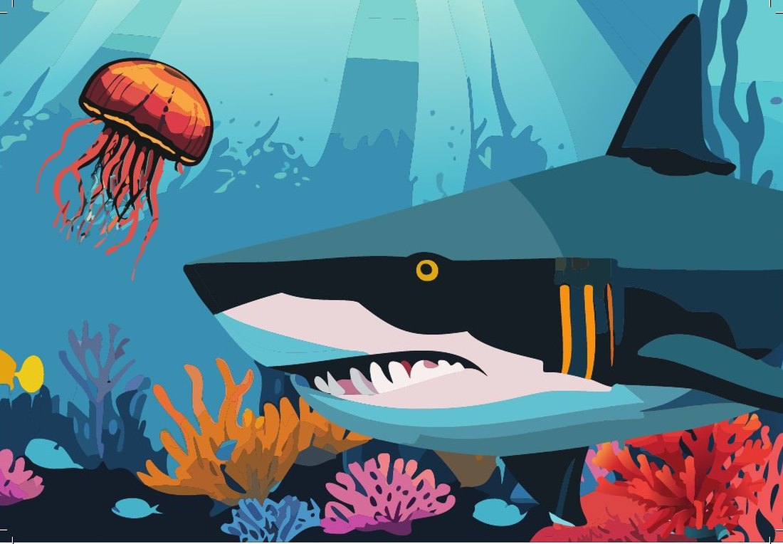 Mural panel showing a shark and a jellyfish above a coral reef