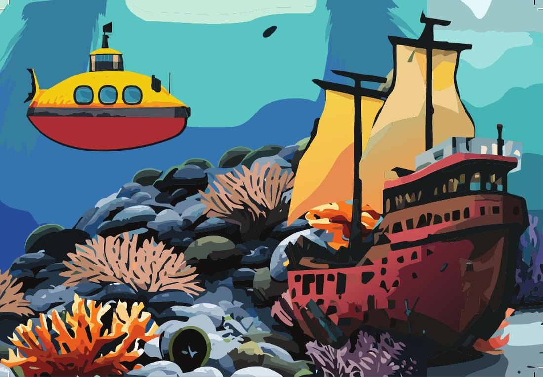 Mural panel showing a yellow submarine above a sunken galleon on the reef