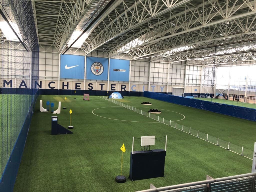 The foot-golf course laid out across Manchester City's indoor training pitch