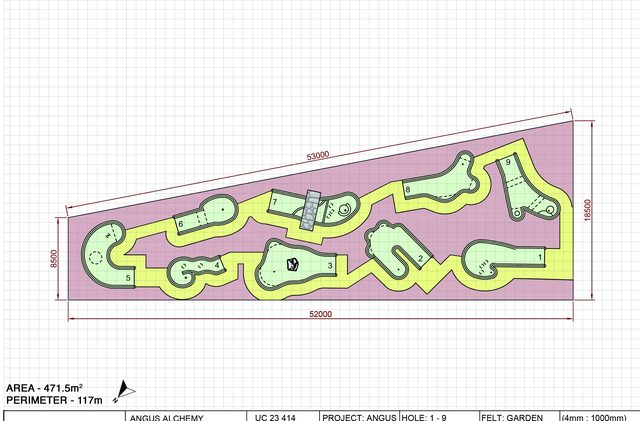 Nine hole example layout fitted into a wedge-shaped 471 square metre site