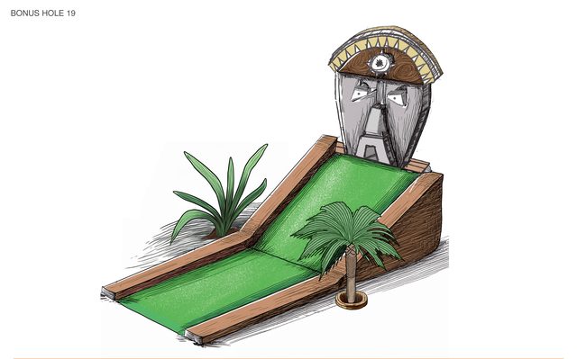 Bonus hole 19, a totem head above a ramped green