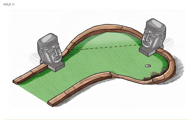 Rainforest theme hole 12, two carved stone heads facing each other