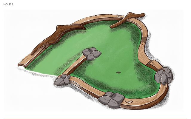 Rainforest theme hole 3, boulders set into the green