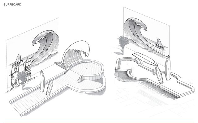 Surfboard hole, sketched as a breaking wave