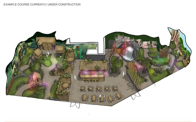 Full course visual for an indoor tiki-themed eighteen at Hidden Valley Resort