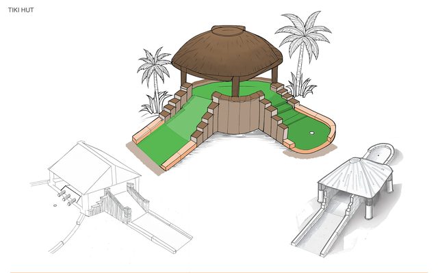 Tiki hut hole with a thatched roof and palms