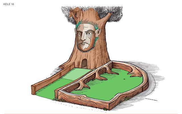 Hole 16, a carved face in a tree trunk with the ball routed underneath