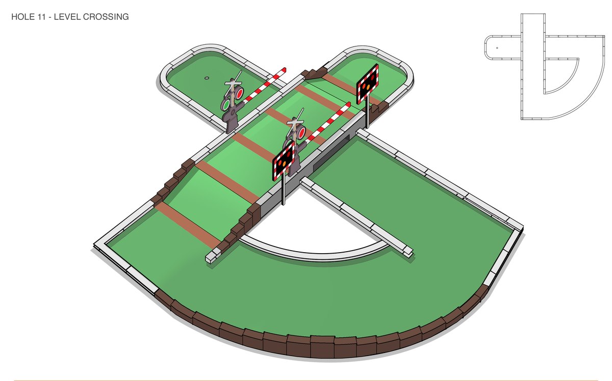 Perspective drawing of hole 11, a level crossing with red and white barriers, signal lights and sleepers set into the green
