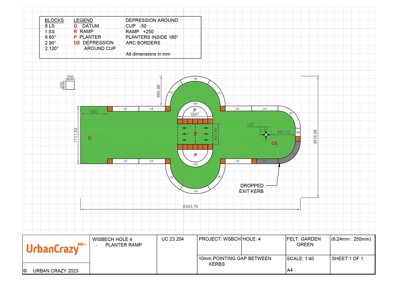 Scale construction drawing for hole 4, the planter ramp, with kerb block schedule, ramp height and depression around the cup noted