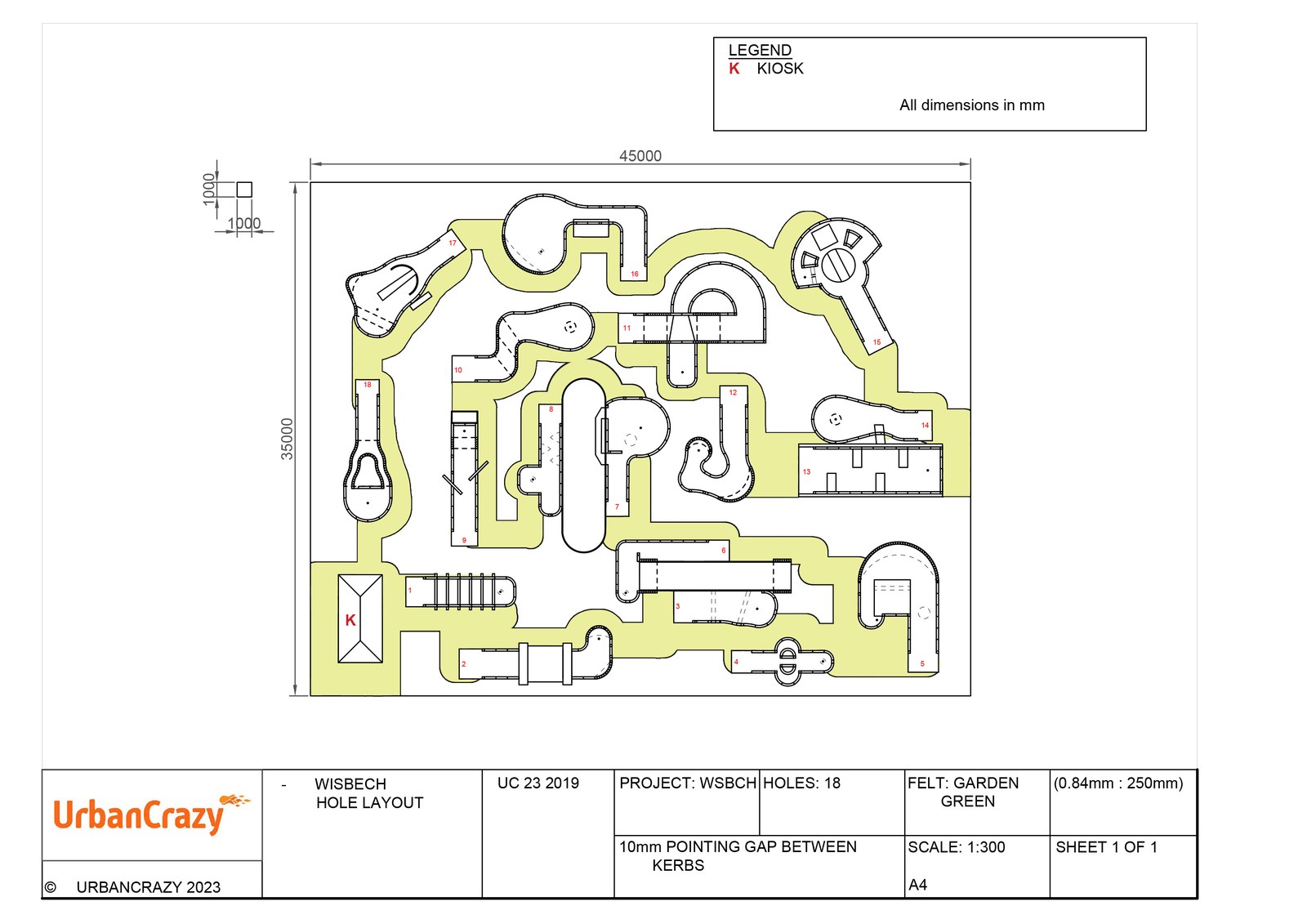 Hole layout drawing for Play2Day Wisbech, showing all eighteen holes and the pathway between them across a 45 by 35 metre site, with the kiosk marked