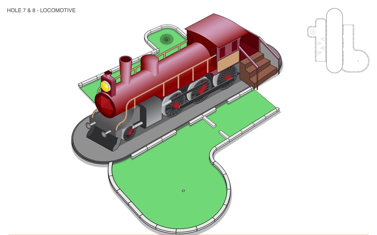 Perspective drawing of holes 7 and 8, a red steam locomotive on track with steps up to the footplate and greens wrapping around it