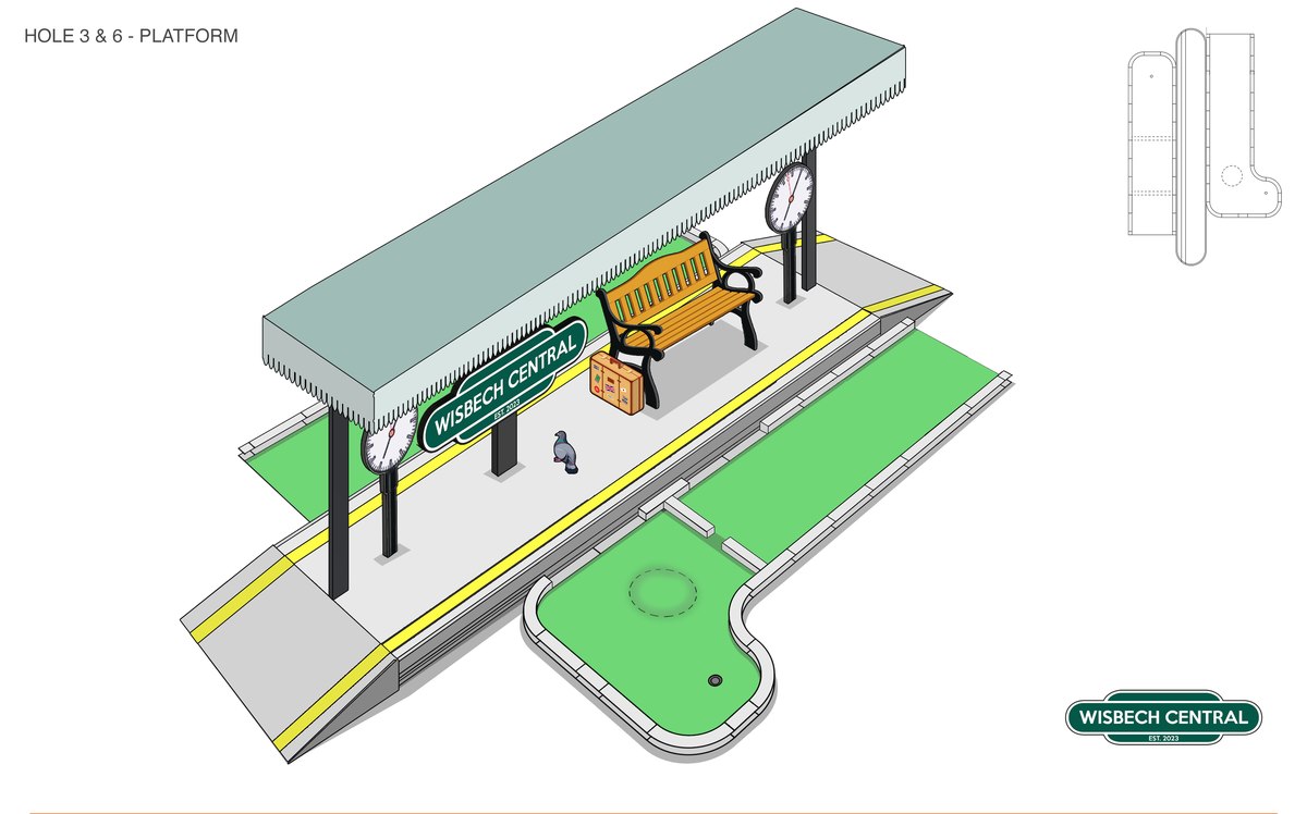 Perspective drawing of holes 3 and 6, a station platform with canopy, bench, clock, suitcase and a Wisbech Central running-in board