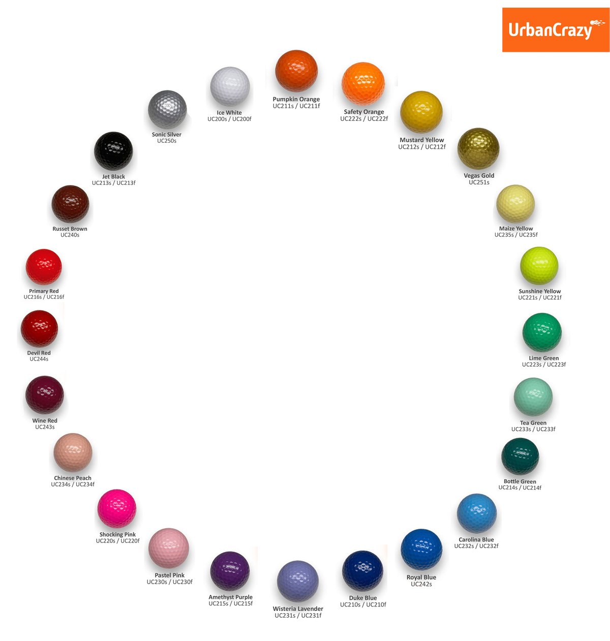 Twenty-four UrbanCrazy golf ball colours arranged in a ring, each labelled with its colour name and product code