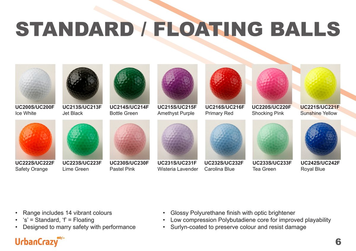 Standard and floating balls page showing fourteen ball colours with product codes