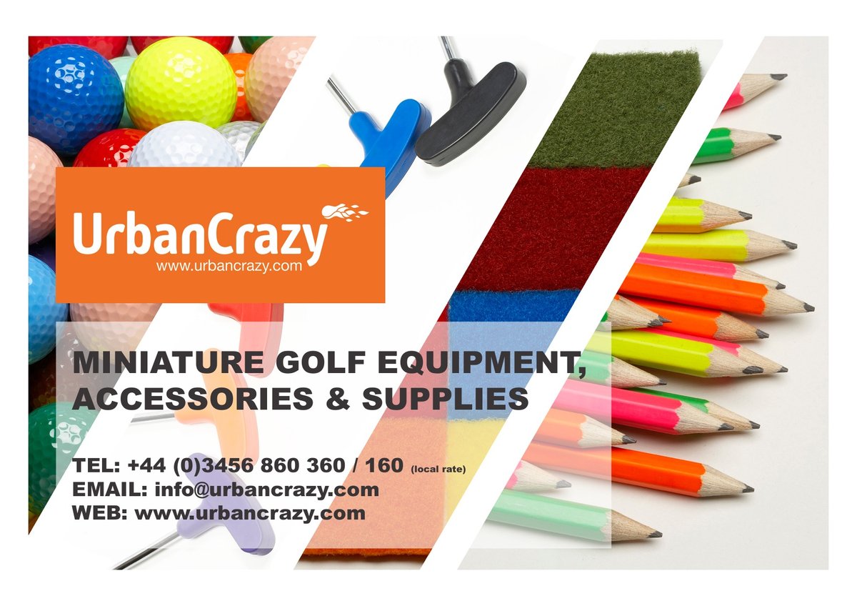 Cover of the 2020 UrbanCrazy equipment and accessories brochure, with product photography of golf balls, putters, carpet and pencils