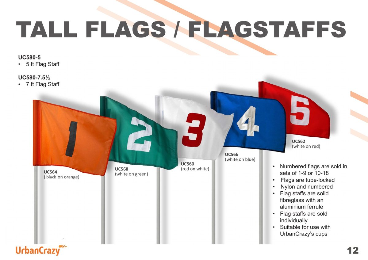 Tall flags and flagstaffs page showing numbered course flags in five colourways