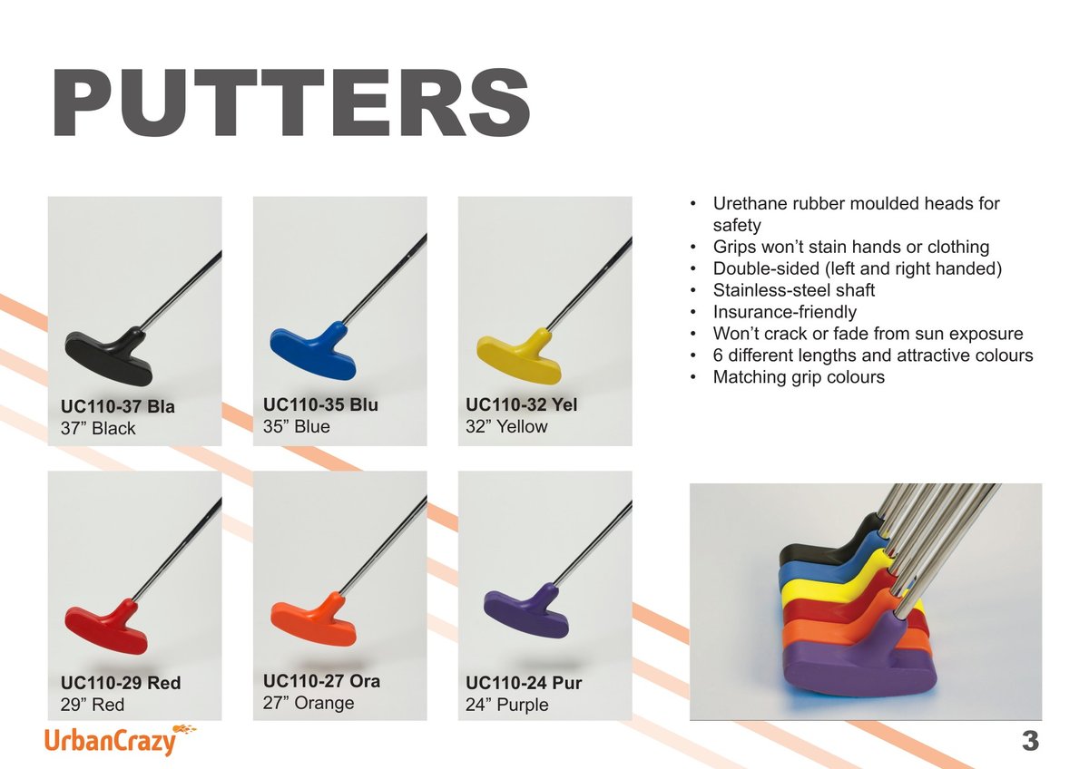 Putters page from the UrbanCrazy brochure, showing six putter lengths with product codes and specifications