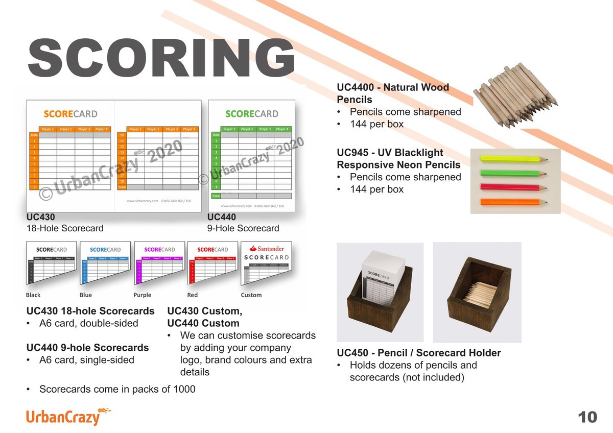 Scoring page showing 18-hole and 9-hole scorecards, customisable versions, pencils and scorecard holders