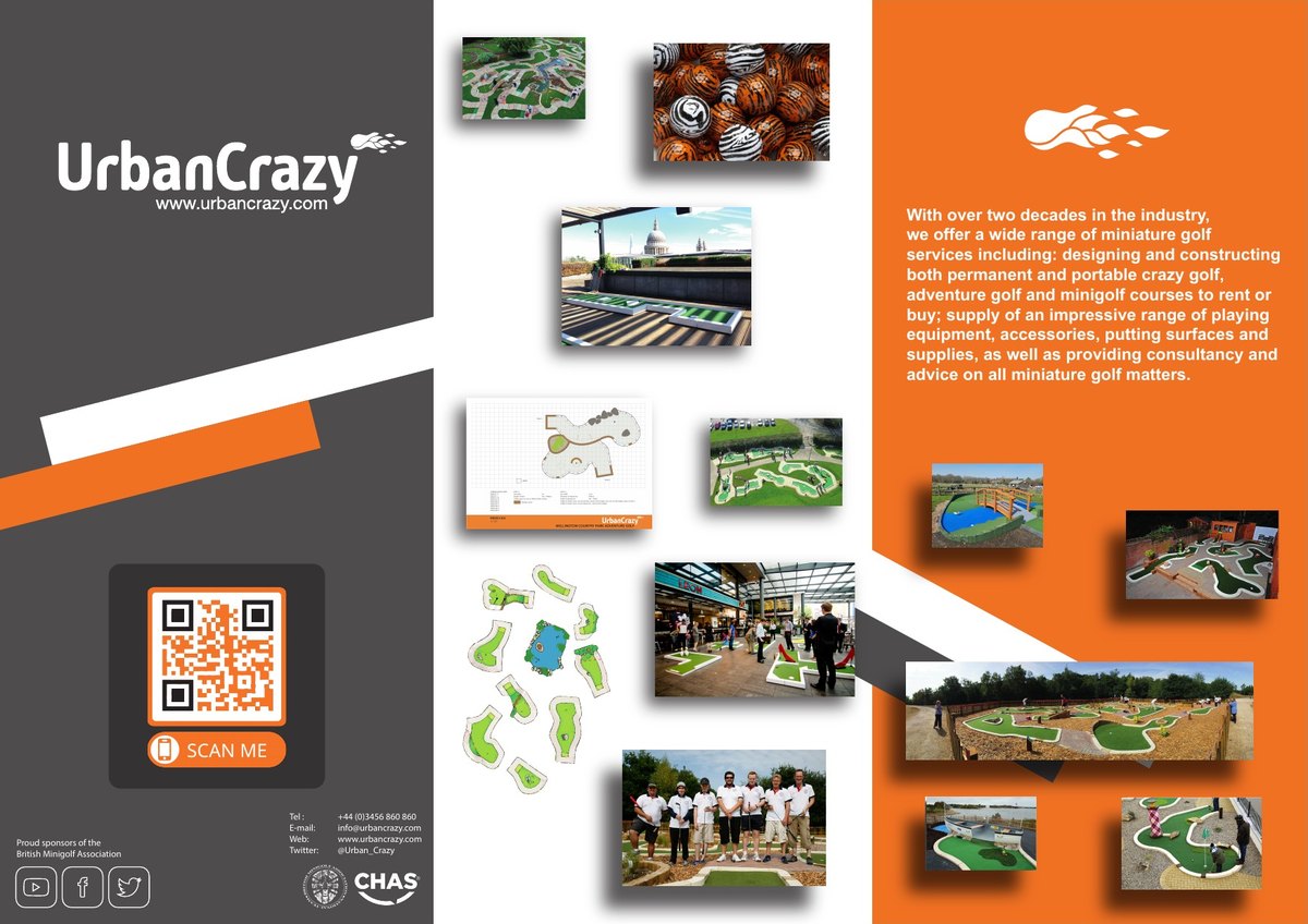 Inside spread of the short-form brochure with course photography, a QR code and the services panel in orange