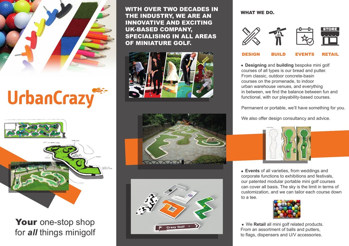 Outside spread of the short-form brochure, with the cover reading one-stop shop for all things minigolf