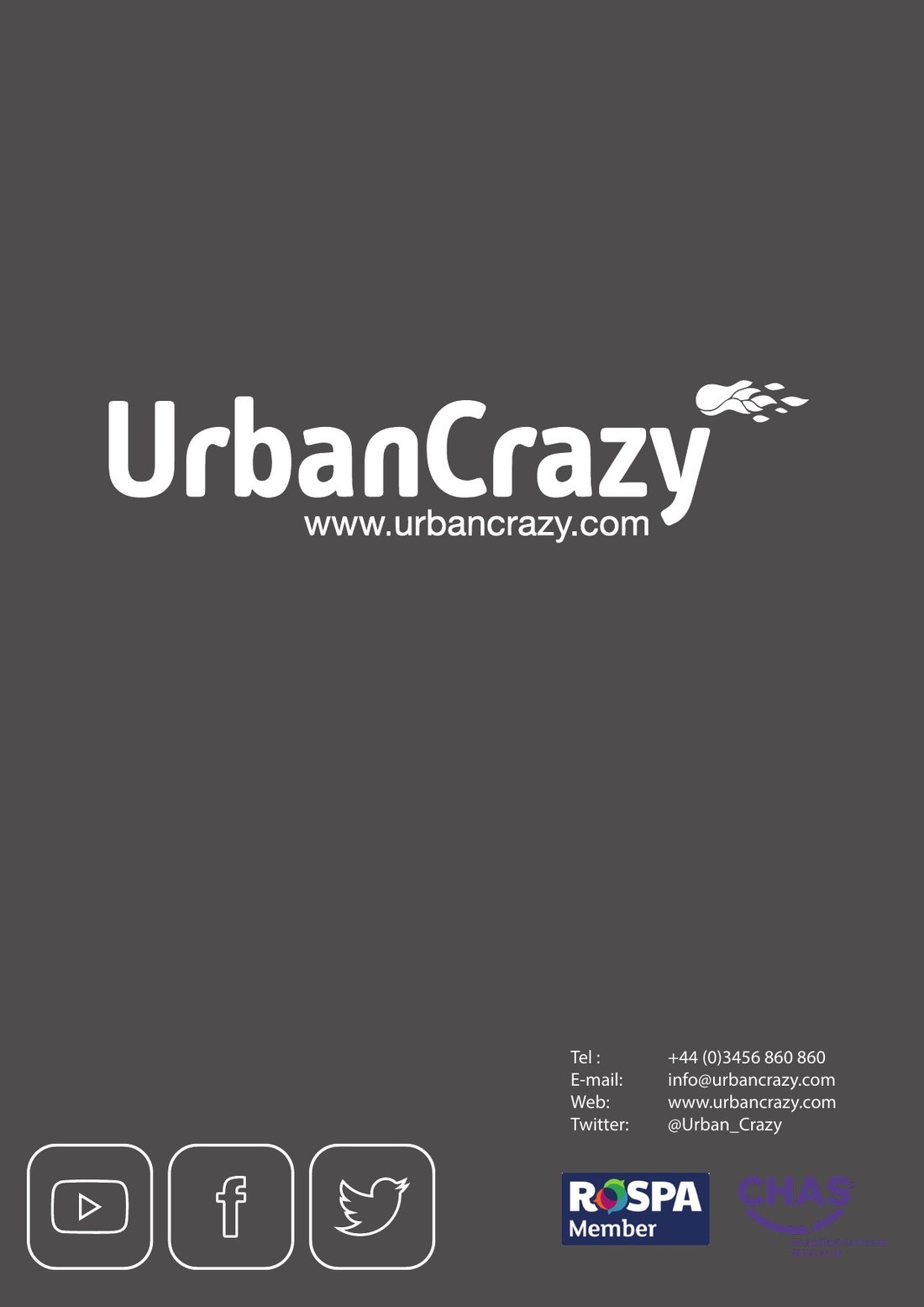 Folder back cover with the UrbanCrazy wordmark, contact details, social icons and RoSPA and CHAS accreditation marks