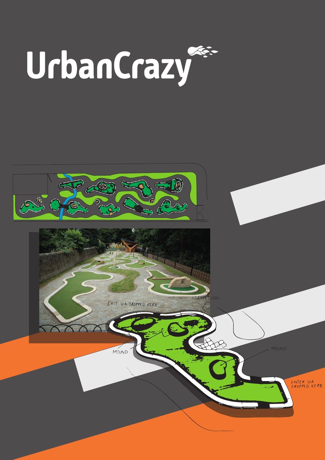 Presentation folder front cover in charcoal with an orange diagonal band and a rendered adventure golf course layout